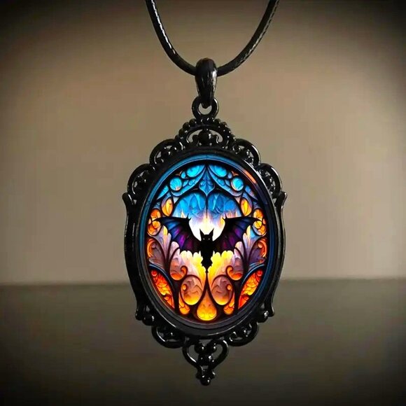 Necklace 3D Bat Black Pendant Dome Beveled PU Leather Gothic Rave Scene Emo NEW - Picture 1 of 3